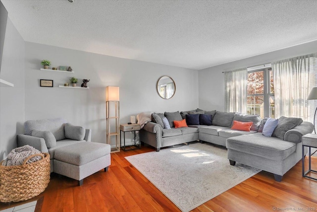 living room featuring a textured ceiling and wood finished floors