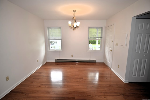 107 Hidden Knolls Cir Unit 107, Monroe, CT 06468 - unfurnished dining area with a baseboard radiator, dark wood-type flooring, a chandelier, and baseboards