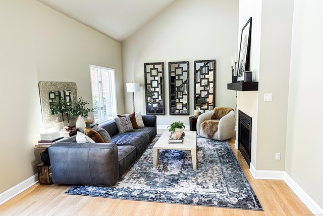 living area featuring baseboards, a glass covered fireplace, wood finished floors, and high vaulted ceiling