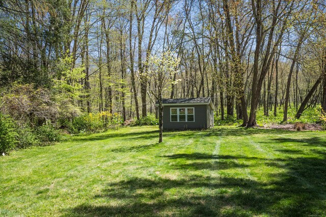 view of yard featuring a forest view and an outdoor structure