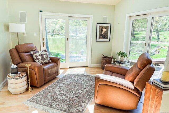 sitting room with baseboards, wood finished floors, and a wealth of natural light