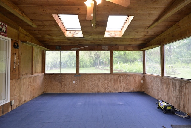 59 Old Ridgebury Rd, Danbury, CT 06810 - unfurnished sunroom with wood ceiling, wood walls, wood-type flooring, and vaulted ceiling with skylight