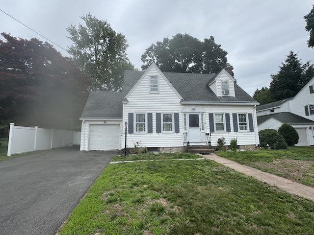 34 Knollwood Rd, East Hartford, CT 06118 - cape cod house featuring a garage, driveway, a shingled roof, and a chimney