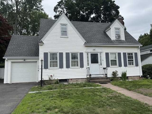 34 Knollwood Rd, East Hartford, CT 06118 - cape cod-style house featuring a garage, a shingled roof, a chimney, driveway, and a front lawn
