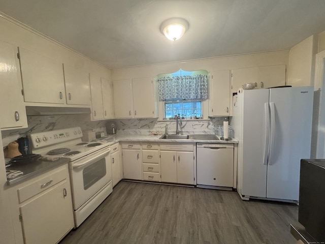 34 Knollwood Rd, East Hartford, CT 06118 - kitchen featuring white appliances, under cabinet range hood, dark wood-style floors, white cabinetry, and light countertops