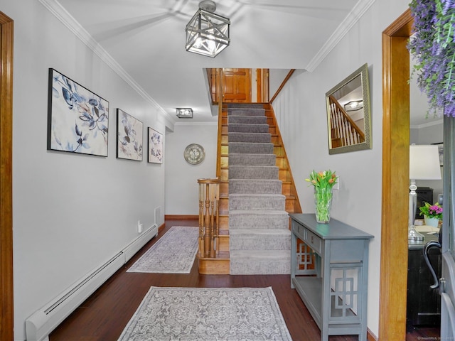 95 Pepperidge Cir, Stratford, CT 06614 - staircase featuring crown molding, baseboards, a baseboard heating unit, and wood finished floors