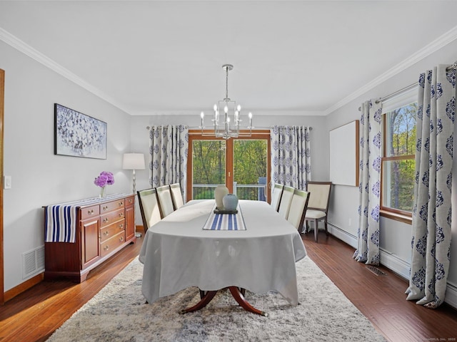 95 Pepperidge Cir, Stratford, CT 06614 - dining area with crown molding, visible vents, wood finished floors, baseboards, and a notable chandelier