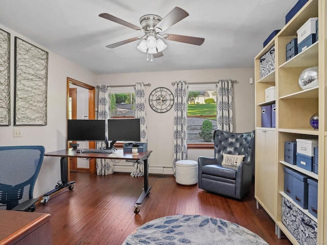 95 Pepperidge Cir, Stratford, CT 06614 - home office with baseboards, a baseboard radiator, a ceiling fan, and wood finished floors