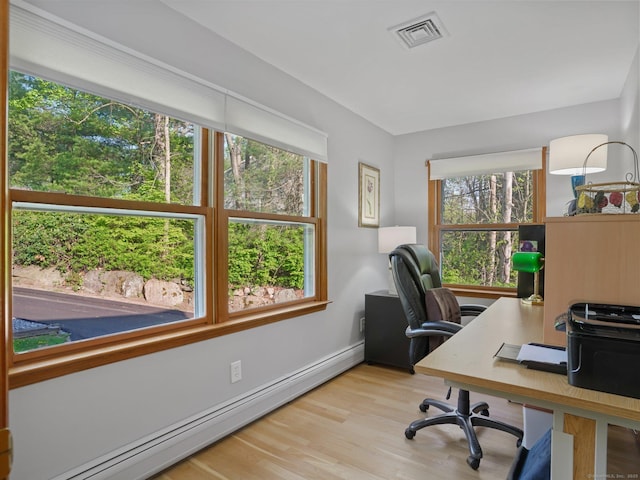 95 Pepperidge Cir, Stratford, CT 06614 - office area featuring baseboards, a baseboard heating unit, wood finished floors, and visible vents