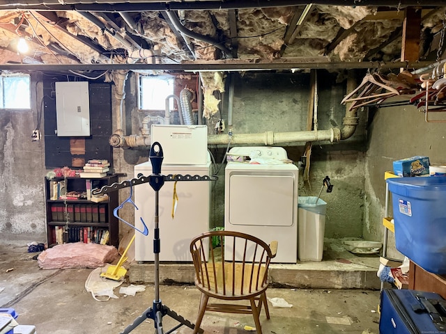 below grade area featuring washing machine and dryer and electric panel