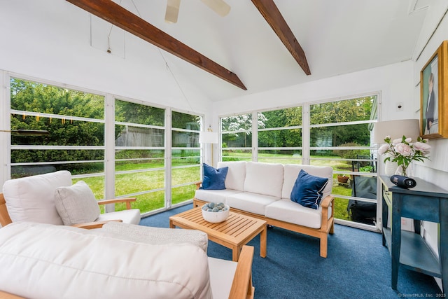 sunroom / solarium featuring ceiling fan, an outdoor living space, and beam ceiling