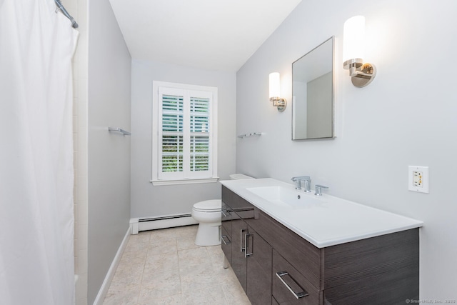 bathroom featuring baseboard heating, vanity, toilet, baseboards, and a shower with curtain