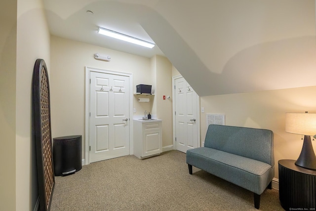 27 Catoonah St, Ridgefield, CT 06877 - sitting room with visible vents, light carpet, and lofted ceiling