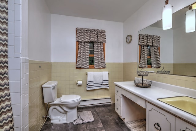 478 Alpom Dr, Orange, CT 06477 - bathroom featuring a baseboard heating unit, tile walls, wainscoting, toilet, and vanity