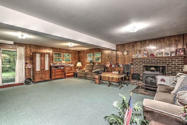 478 Alpom Dr, Orange, CT 06477 - living room with carpet flooring, wood walls, and a wood stove