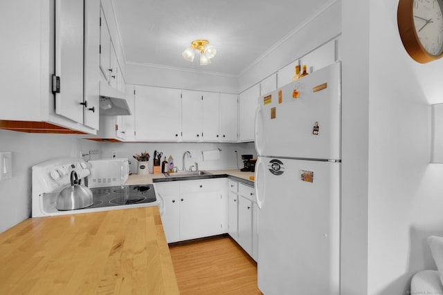 257 W Walk Unit 257, West Haven, CT 06516 - kitchen featuring electric range, a sink, freestanding refrigerator, under cabinet range hood, and ornamental molding