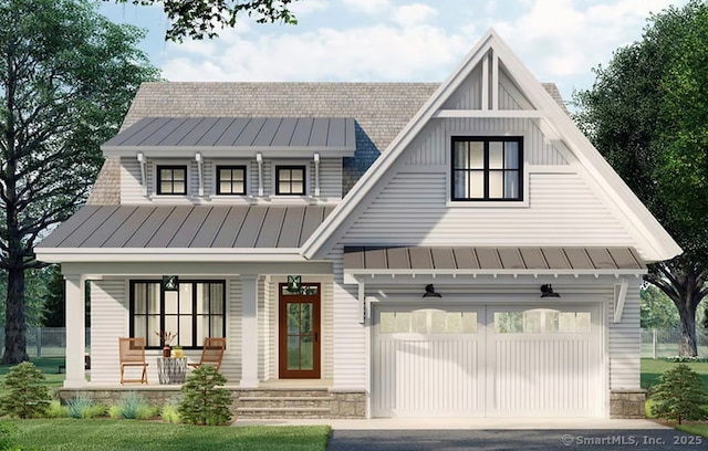 view of front of home with a porch, a standing seam roof, and metal roof