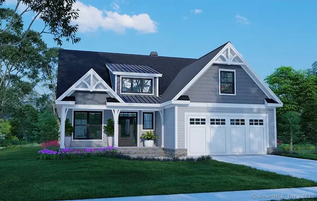 craftsman inspired home featuring a front yard, a standing seam roof, metal roof, an attached garage, and driveway