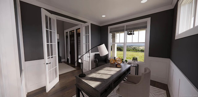 office space with french doors, recessed lighting, a wainscoted wall, and dark wood-style floors