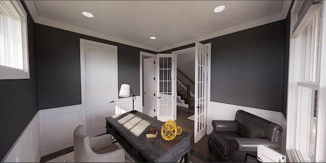 interior space featuring wainscoting, a decorative wall, recessed lighting, wood finished floors, and stairway