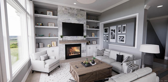 living room featuring a stone fireplace, ornamental molding, baseboards, and built in shelves