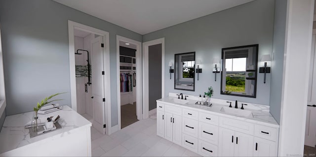 full bathroom with double vanity, a sink, and a walk in closet