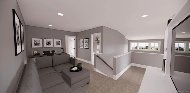 hall with baseboards, light carpet, recessed lighting, and an upstairs landing