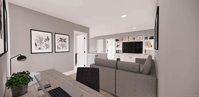 living room with recessed lighting and baseboards