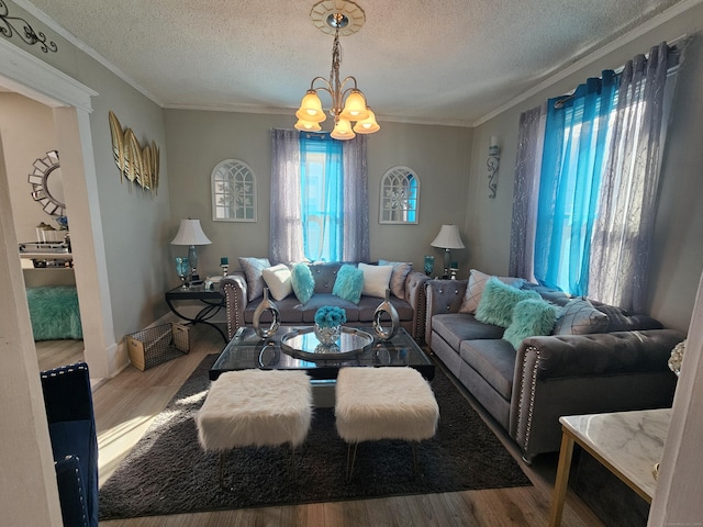 living area featuring crown molding, a textured ceiling, a notable chandelier, and wood finished floors