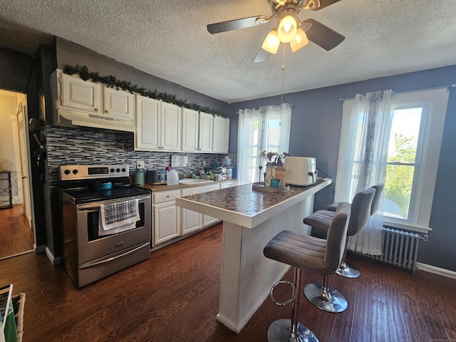 kitchen with a kitchen bar, stainless steel electric range, and dark wood-style floors