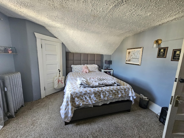 carpeted bedroom featuring baseboards, a textured ceiling, radiator heating unit, and vaulted ceiling