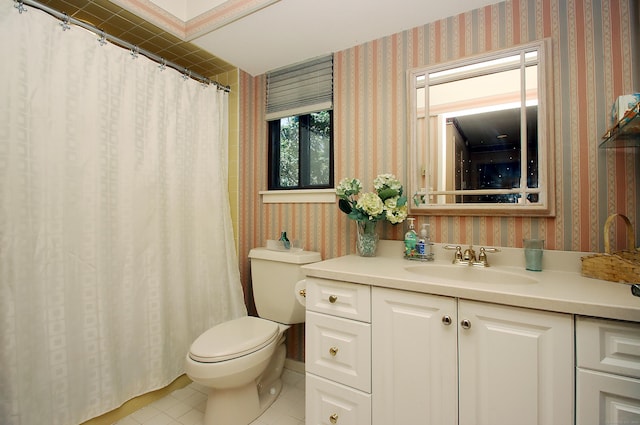 701 Heritage Vlg Unit B, Southbury, CT 06488 - full bathroom with wallpapered walls, vanity, tile patterned flooring, and curtained shower