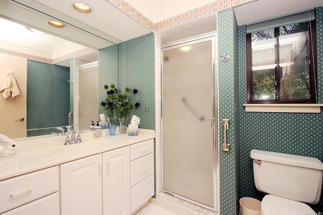 701 Heritage Vlg Unit B, Southbury, CT 06488 - full bathroom with wallpapered walls, vanity, a shower stall, and tile patterned flooring