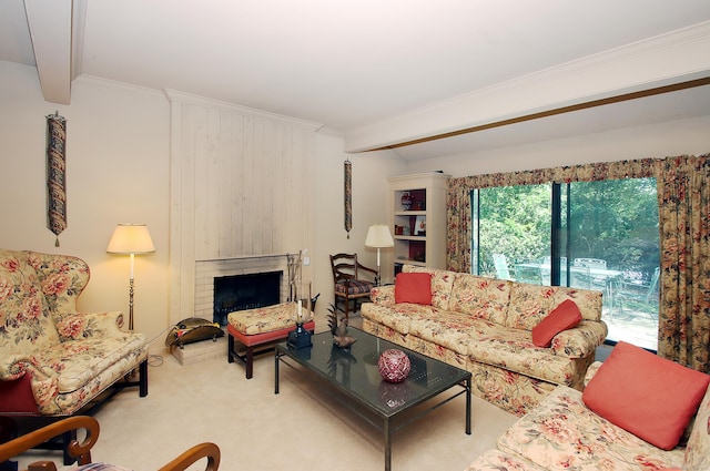 701 Heritage Vlg Unit B, Southbury, CT 06488 - carpeted living area with crown molding, beamed ceiling, and a brick fireplace