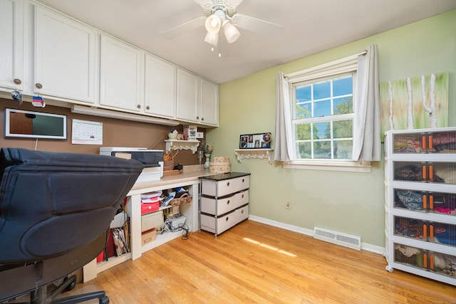 office area with baseboards, visible vents, ceiling fan, and light wood-type flooring