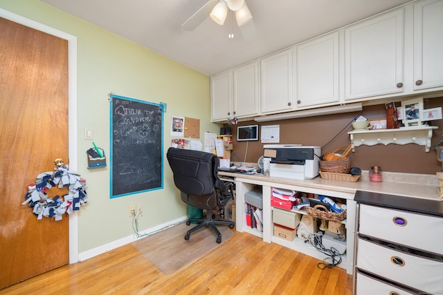 office with light wood-style floors, baseboards, and ceiling fan