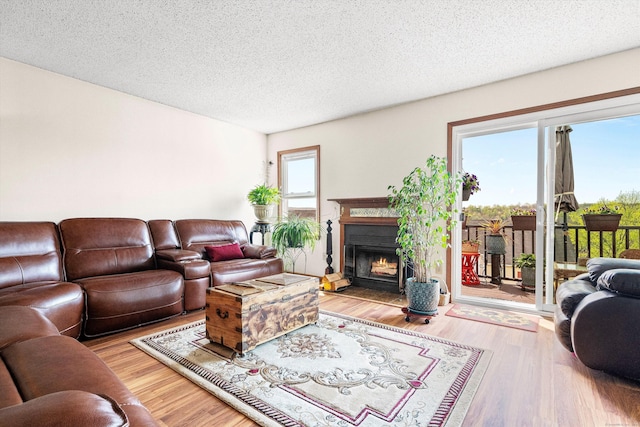 living room with a textured ceiling, wood finished floors, and a warm lit fireplace