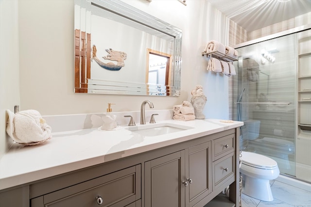full bathroom with vanity, a stall shower, toilet, and marble finish floor