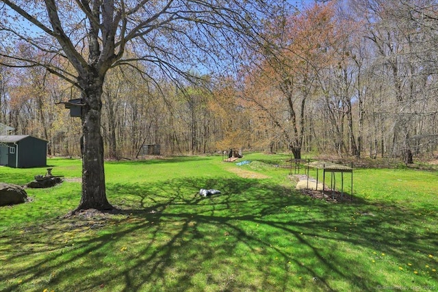 view of property's community featuring a yard and an outdoor structure