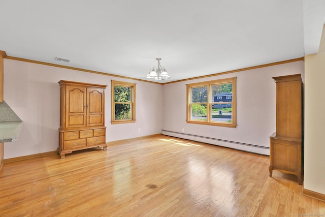 spare room featuring visible vents, crown molding, a baseboard heating unit, an inviting chandelier, and light wood-style flooring