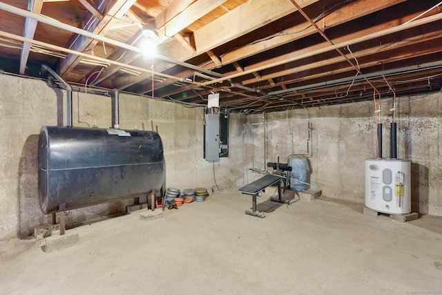 unfinished below grade area with electric panel, heating fuel, and water heater