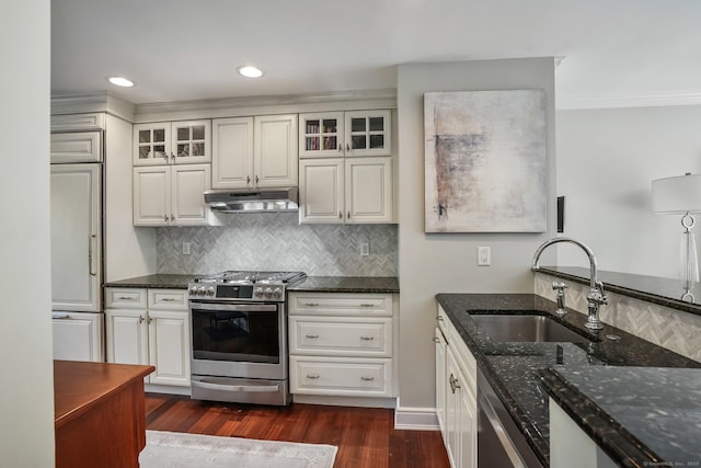 1803 Revere Rd, Danbury, CT 06811 - kitchen featuring a sink, dark stone countertops, stainless steel appliances, under cabinet range hood, and dark wood-style floors