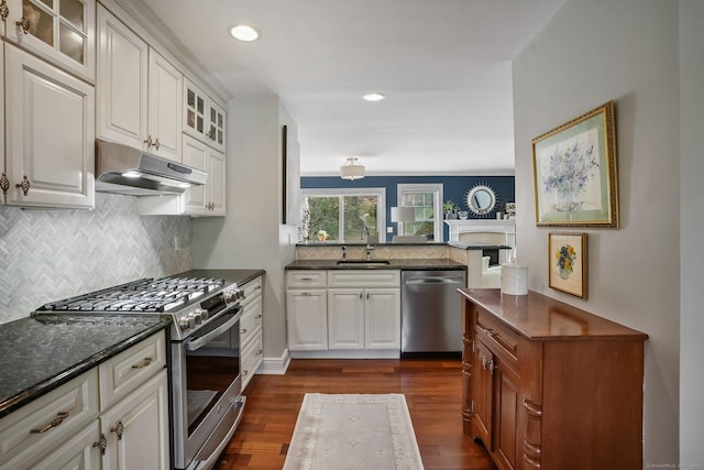 1803 Revere Rd, Danbury, CT 06811 - kitchen featuring appliances with stainless steel finishes, tasteful backsplash, dark wood finished floors, a sink, and under cabinet range hood