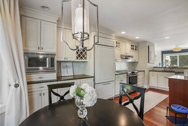 1803 Revere Rd, Danbury, CT 06811 - kitchen featuring under cabinet range hood, stainless steel appliances, dark wood-style flooring, and tasteful backsplash