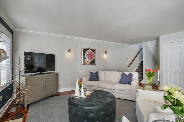 1803 Revere Rd, Danbury, CT 06811 - living area featuring crown molding, baseboards, stairs, and a healthy amount of sunlight