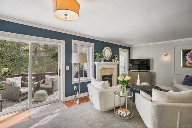 1803 Revere Rd, Danbury, CT 06811 - living room with crown molding, baseboards, a lit fireplace, and wood finished floors