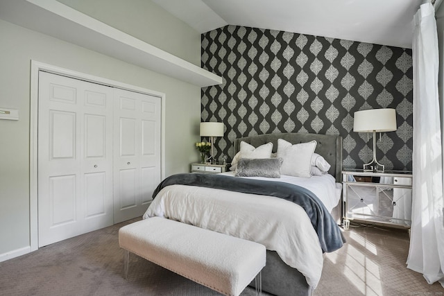 1803 Revere Rd, Danbury, CT 06811 - bedroom with carpet flooring, wallpapered walls, lofted ceiling, and an accent wall
