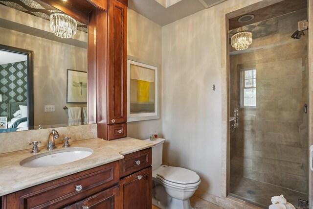 1803 Revere Rd, Danbury, CT 06811 - full bathroom featuring a notable chandelier, ensuite bath, vanity, toilet, and a shower stall