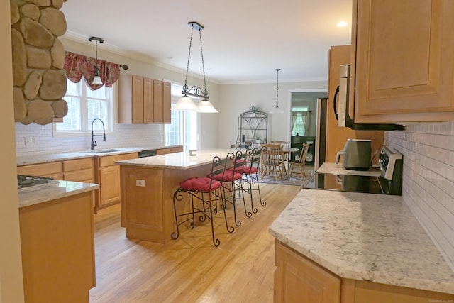46 Brookfield Rd, Seymour, CT 06483 - kitchen with a sink, stainless steel appliances, light brown cabinetry, light wood-style flooring, and a breakfast bar area