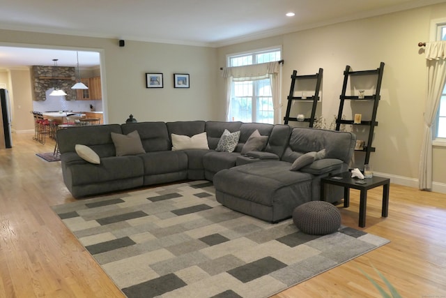 46 Brookfield Rd, Seymour, CT 06483 - living area featuring light wood-style floors, ornamental molding, baseboards, and recessed lighting